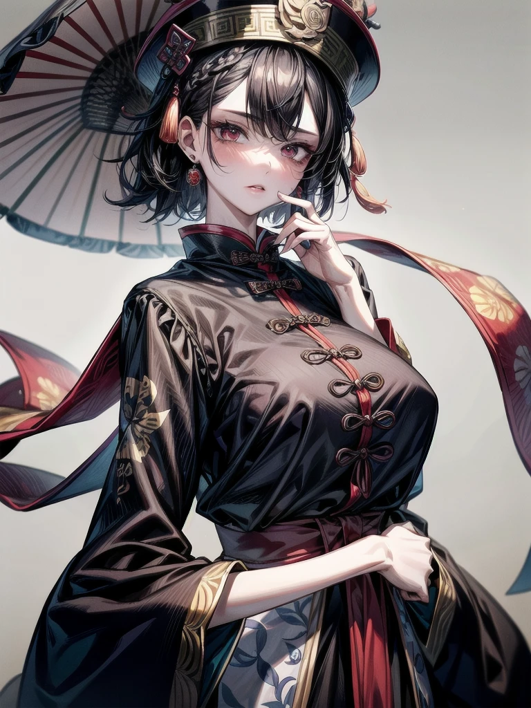 cemetery, dress, braid, chinese clothes, headwear, ofuda, jiangshi, qing guanmao, absurdres, RAW photo, extremely delicate and beautiful, masterpiece, Best Quality, ultra high resolution, 32k, hyperrealistic, ultra-detailed, detailed description, pale skin, 20 years old, tearful mole, earring, Colossal tits, short medium hair, wavy hair, whole body shot,