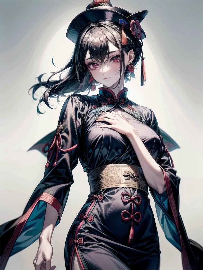 cemetery, dress, braid, chinese clothes, headwear, ofuda, jiangshi, qing guanmao, absurdres, RAW photo, extremely delicate and beautiful, masterpiece, Best Quality, ultra high resolution, 32k, hyperrealistic, ultra-detailed, detailed description, pale skin, 20 years old, tearful mole, earring, Colossal tits, short medium hair, wavy hair, whole body shot,