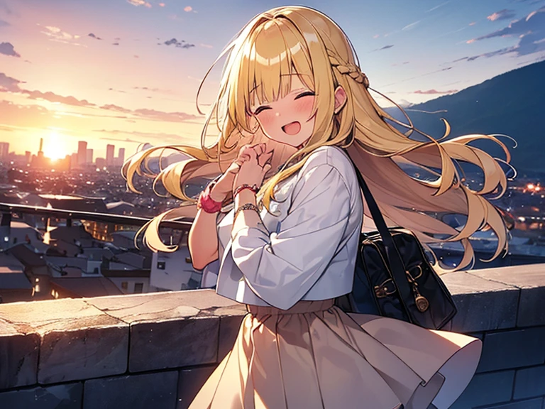 Masterpiece, Top quality, 1 beautiful girl, Blonde, medium Hair, Braided hair, wavy Hair, blunt bangs, silky hair, 17 year old, standard weight, (cool clothes:1.5), (happy :1.4), blush, open mouth, closed eyes, dynamic pose, beautiful scene of town, from below, blurry background, magnificent panorama view, sunset