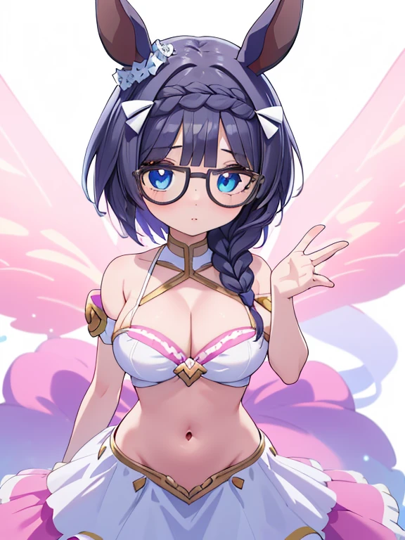 Browsing Caution,Beautiful illustration of muscle parts, (masterpiece、highest quality、8k ),Intricate details,Very detailed,Soft Focus、 Horse tail, Animal ears, Side braid,Glasses、Big Breasts、14 years、Cute face,topless、Sparkling eyes、Sparkling eyes、Navel exposed、(((Revealing Magical Pink Girl Costume)))、Cute pose,