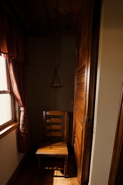 a small waxed wooden ladder beneath a window with a red curtain a copper rail that goes around the room.