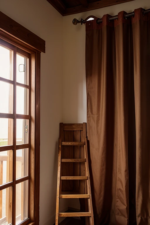a small waxed wooden ladder beneath a window with a red curtain a copper rail that goes around the room.