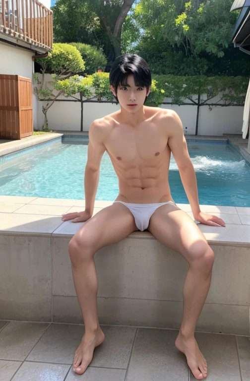 One Boy、Beautiful boy、Handsome、18-year-old、Japan boys、Black Hair、Public bath、Upper body naked、Groin bulge、Take off your clothes、Show bare skin、Spread your legs,White underwear、barefoot、Standing posture、Thin