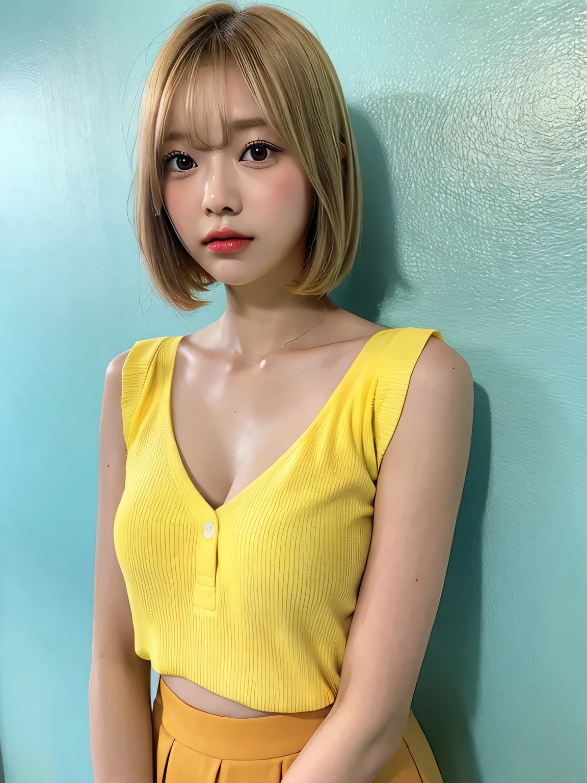one person、Blonde、whole body photos、Yellow polo shirt、Cleavage、Green mini skirt、fun、Blonde、、whole body、slender、woman、White drool coming out of the mouth、Short hair, fair skin,Super cute、Soft and Face、Brown Hair、8k resolution、Surreal、Ultra high definition、 Soft Body、A-cup small breasts((Highest resolution、8k、masterpiece:1.3))、Ultra-fine face、Ultra Fine Lips、Beautiful Eyes、double eyelid,Slender figure、I can see your thighs、Shapely small breasts、Light blue wall