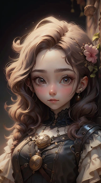 (1girls), Meisterwerk, best quality, super feine Illustration, an extremely cute little girl, highly detailed beautiful face, Blick auf den Betrachter, 1girls, belts, Closeup, Blick auf den Betrachter, 4K, hight resolution, ribbon, Firis Mistuld, flush, Pov, Twintail-Haar, white background, Einfacher Hintergrund, Dicke Kontur, lila Augen, (schlafen), Braunes Haar, Chibi (Disambiguation, Ausdruck der Liebe, ((Braunes Haar)), (Blut),