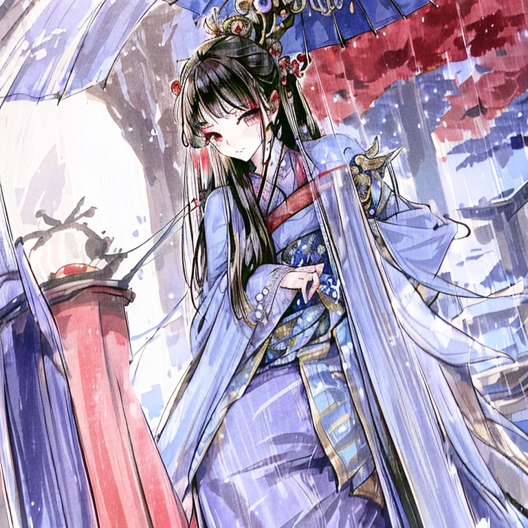 (best quality),Ancient style handsome man,Feminine temperament,The eyes are sharp and affectionate,Perfect eyebrows,Handsome face,Ancient hair style,A blue ancient costume robe,tall and straight,Holding a red umbrella,It was raining at night,The background is the valley,Fireflies flickering around me,4K
