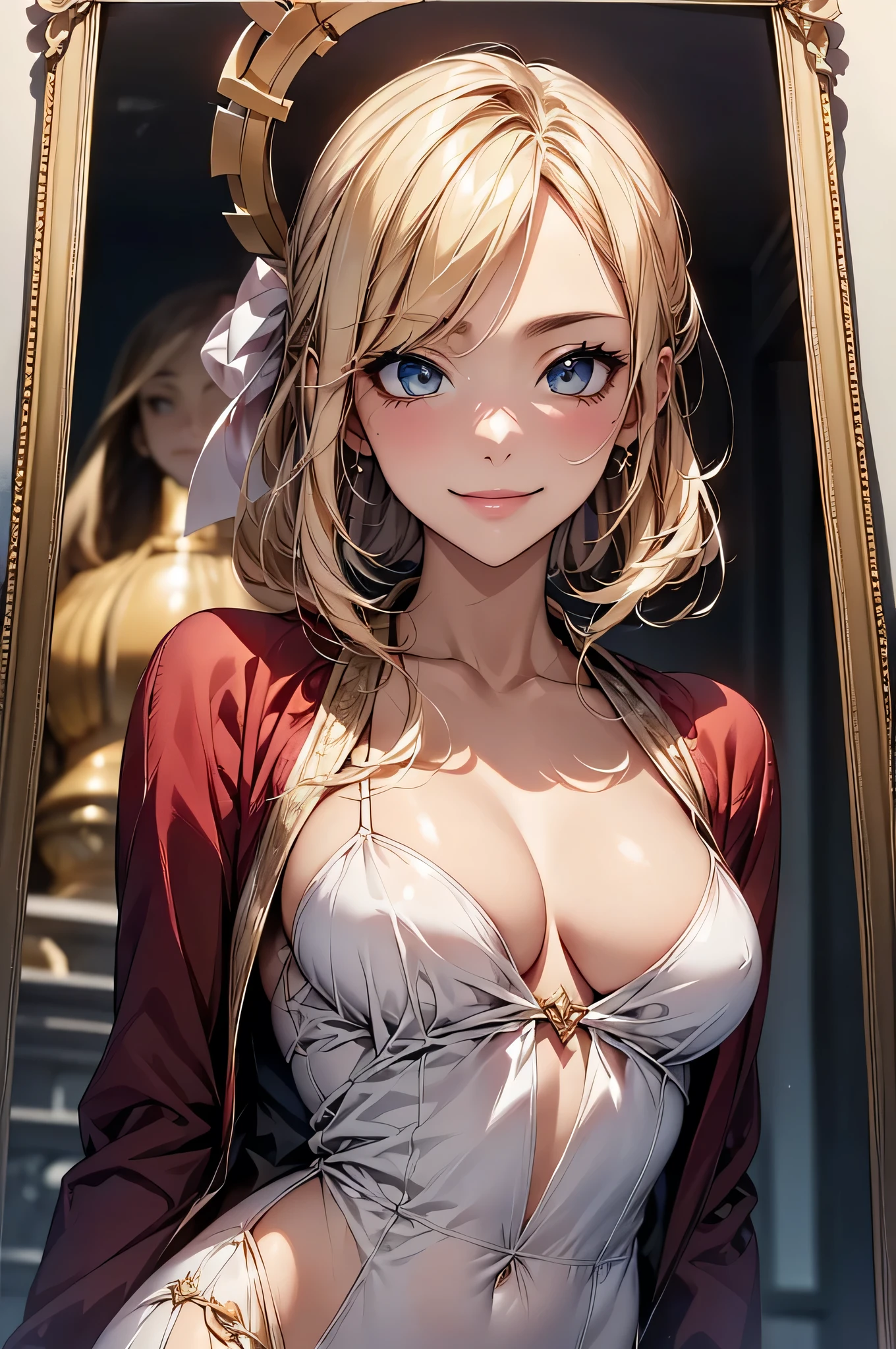 ((Biologically correct limb count))、(( whole body including face))、4K、Masterpiece、((Focus on the face))、((Symmetrical, well-proportioned facial features))、Eyes with delicate depictions、(((1 person)))、Beautiful woman、Outstanding style、Slender Body、(High heels with ankletiko costume、Shrine maiden costume)))、(((White frame photo)))、Low - Angle、(Shy、smile)、Upper body close-up、