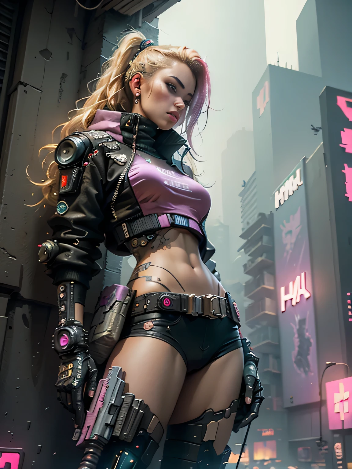 ((best quality)), ((masterpiece)), (Very detailed:1.3), 3D, fair (Cyberpunk:1.3) Woman with blond bushy hair holding pink sniper rifle, Standing on the top floor of the National Foundation, aiming,