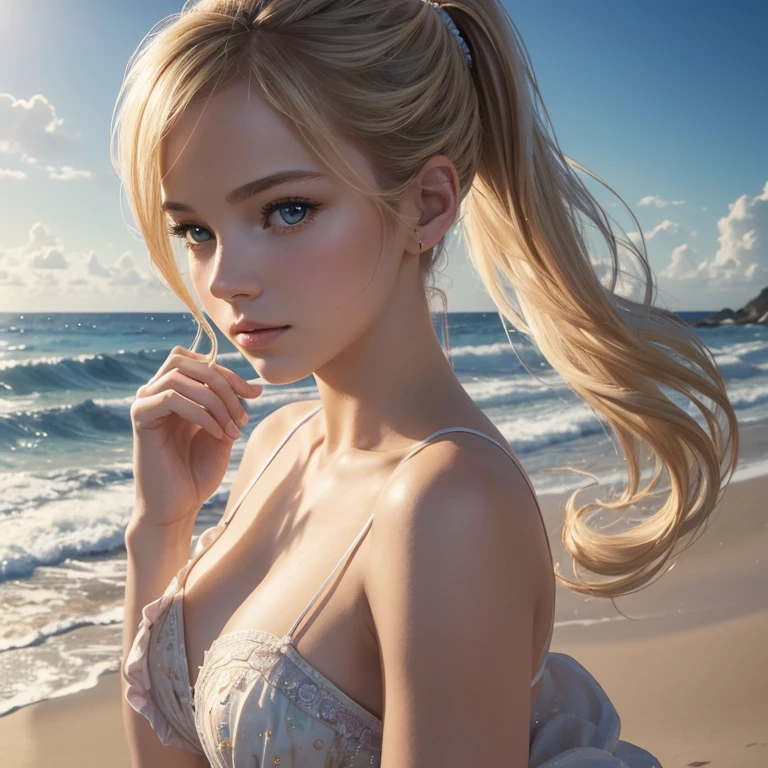 (((medium full shot))), (Masterpiece, photorealistic, photorealism, best quality, ultra-detailed:1.3), (nice hands, perfect hands), official art, cinematic light, (1girl:1.3), adult, Explore a charming and magical piece of art on ArtStation featuring a woman with a blonde ponytail collecting seashells on a sandy beach. Delicate watercolor strokes, pastel tones, and intricate details create a whimsical and realistic scene with a dreamy atmosphere.