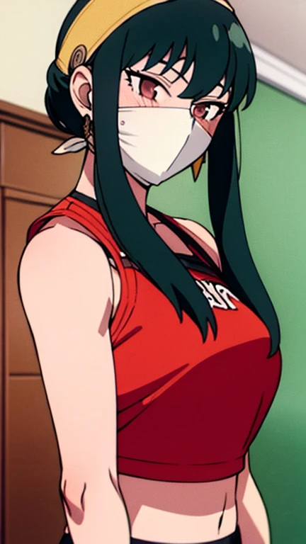 a close up of a person wearing a basketball uniform, a picture, inspired by Kentaro Miura, trending on pixiv, Yor Forger, Spy x Family, wearing yellow nba jersey, yellow croptop nba jersey, wearing a low cut croptop, wearing croptop, croptop, the words "Lakers" written on the croptop, golden raito, (winking), shirobako, large)}], favorite scene, fine details. anime. skins, sweating, big breasts, , armpits, armpits visible, dripping with sweat, more more sweat, sweaty armpits, standing, complete body, complete view, complete shot, front view, (bondage), shibari, (arms behind back:1.4), (tight mask ), (bandana mask), (otn gag)