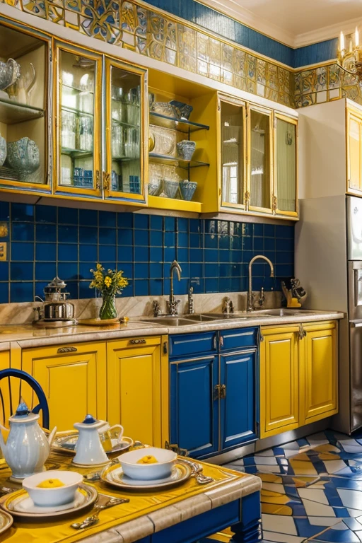 uma cozinha ampla e clara, with blue tiles decorated with coats of arms, three crockery plates decorated with yellow arabesques with metallic reflections, cabinets everywhere, uma bela mesa de madeira natural no centro, tamboretes, bancos