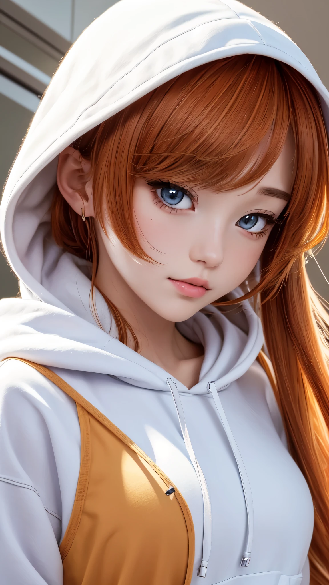 Top Quality, Masterpiece, High Resolution, 8k, Hoodie and Anime Style Girl, One Girl, Detailed Line Art, Bright White and Bright Amber Style, Digital Enhancement, Close Up, Anime Core, Flowing Fabric