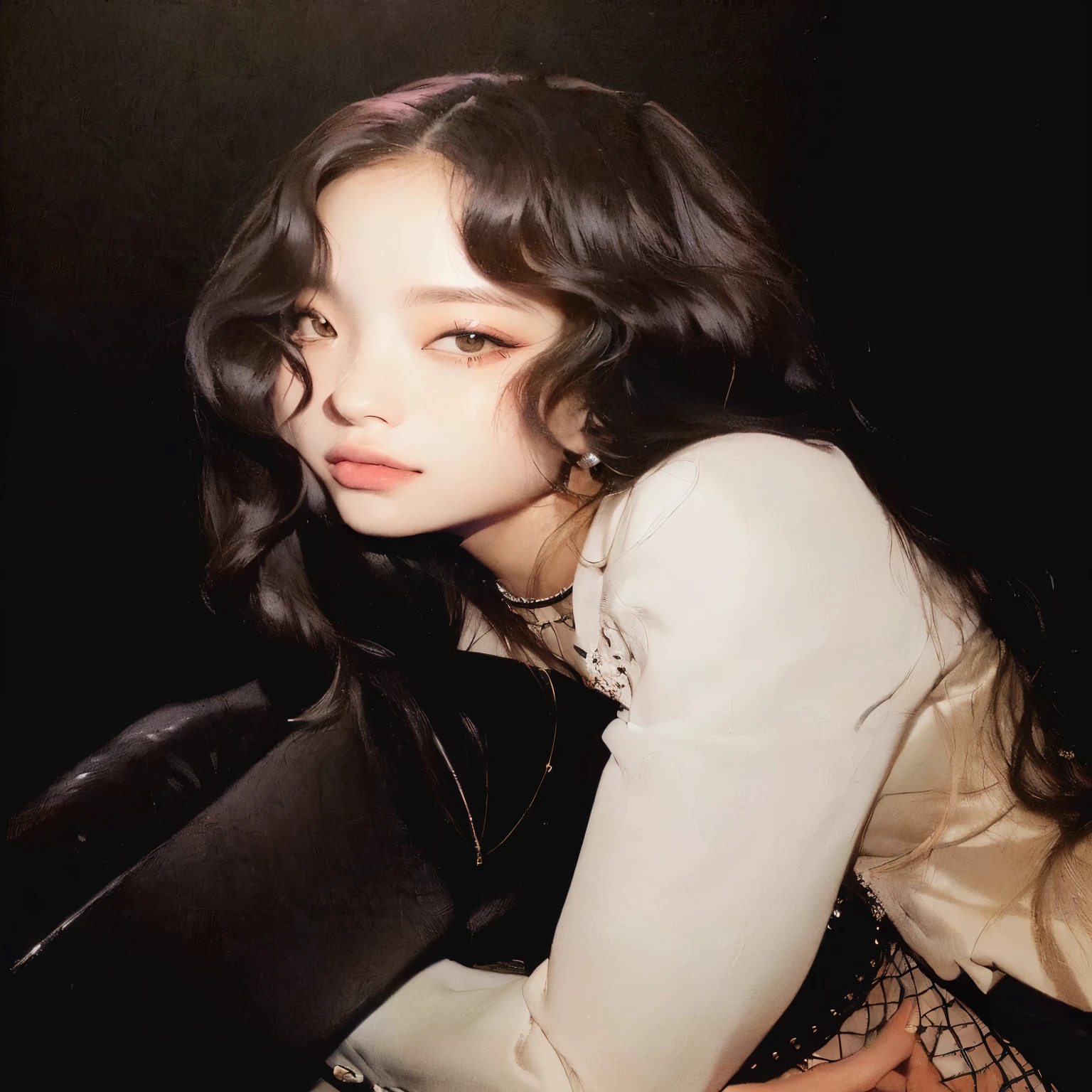 arafed femme assise sur une chaise avec un fond noir, Jennie Rose Noire, portrait of jossi de blackpink, jossi de blackpink, Jisoo de Blackpink, jisoo de blackpink, portrait de Jisoo de Blackpink, park de moi, de moi, parc roseanne de blackpink, Ji Yun Chae, Taejune Kim, Shin Min Jeong, her face looks like an orchid jennie kim,jennie gros yeux