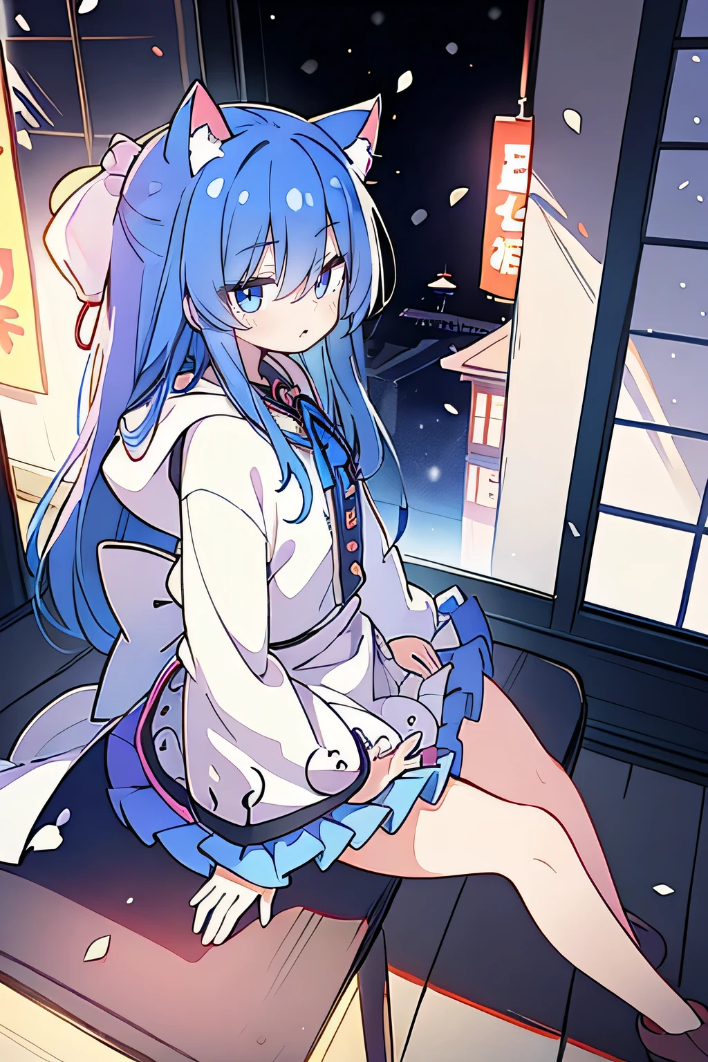 (masterpiece:1.2),Super detailed,lifelike,Expressive eyes,fair skin,perfect face shape,1 girl,
Japanese comics,Gorgeous blue hair,flowing blue hair,flowing clothes,Cat ears,Petals fall,beautiful lola,Baby Angel,sunrise,
Cross your legs,Gentle and peaceful background,The pavilion is cool and comfortable,smile, wearing hoodie, background of tokyo,back views,snowing, winter.