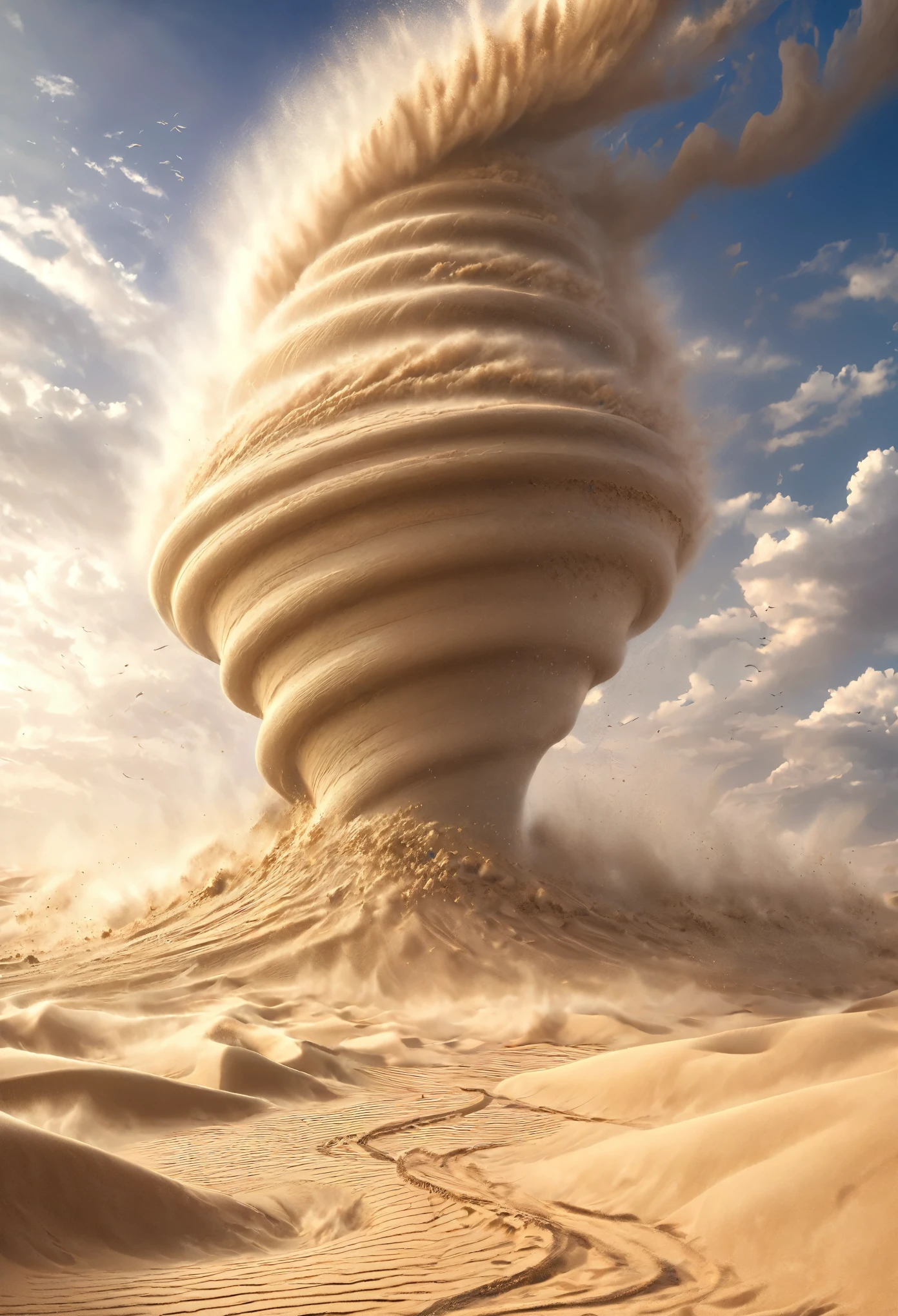 masterpiece, best quality, extremely detailed, hyperrealistic, photorealistic, gigantic sand tornado, a gigantic funnel-like indentation in the ground surface, strong wind, a tall sand barrier, a lot of sharp spikes, pillars of sand, sand aura, sand transformation, sand manipulation