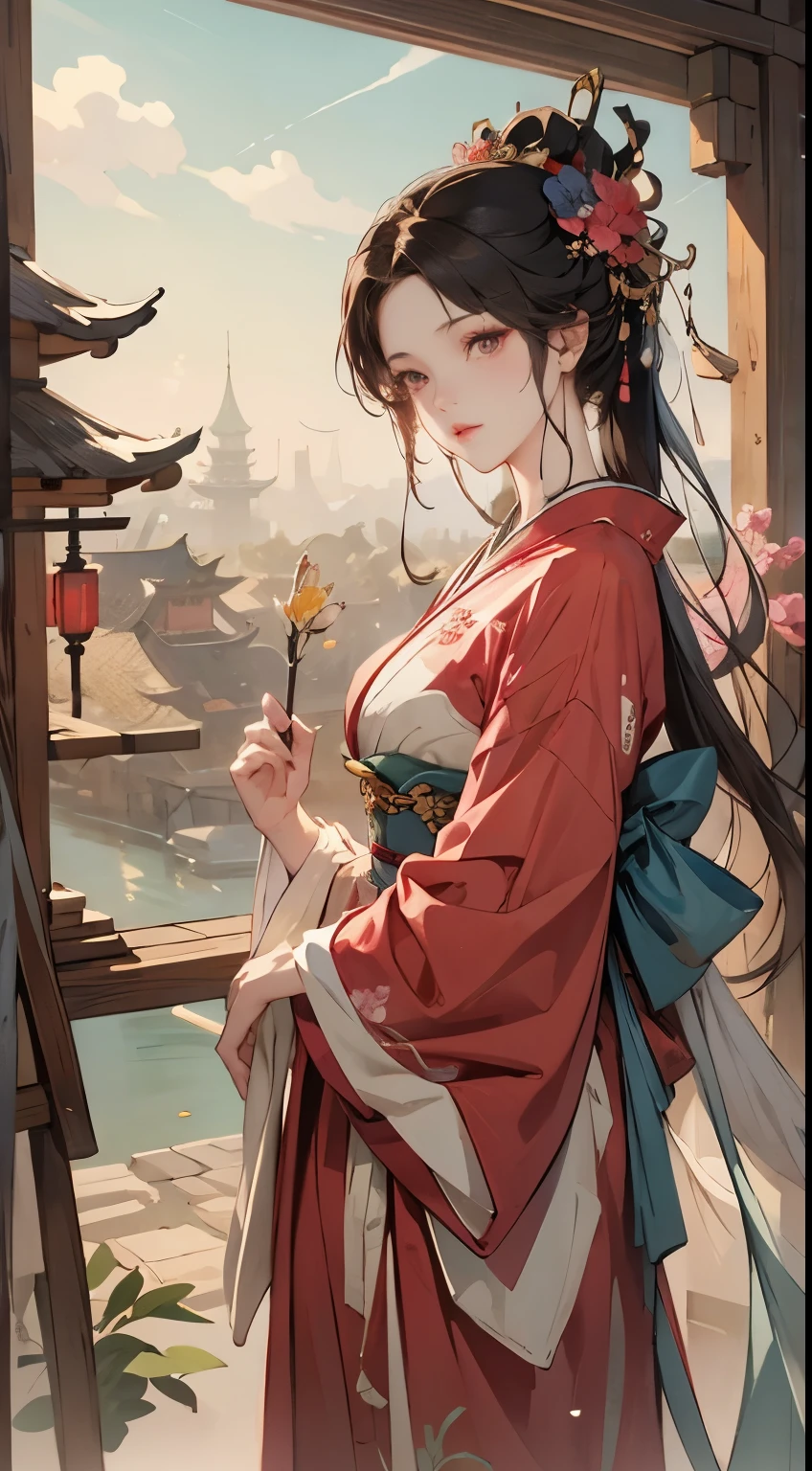 Painting of a woman in a kimono dress with flowers, Alphonse Mucha und Rossdraws, art nouveaux, grosse magenta pfingstrosen, a girl in Hanfu, artwork in the style of guweiz, guweiz, guweiz on pixiv artstation, guweiz on artstation pixiv, Beautiful character painting, Trends auf Artstation Pixiv, Japanischer Kunststil 