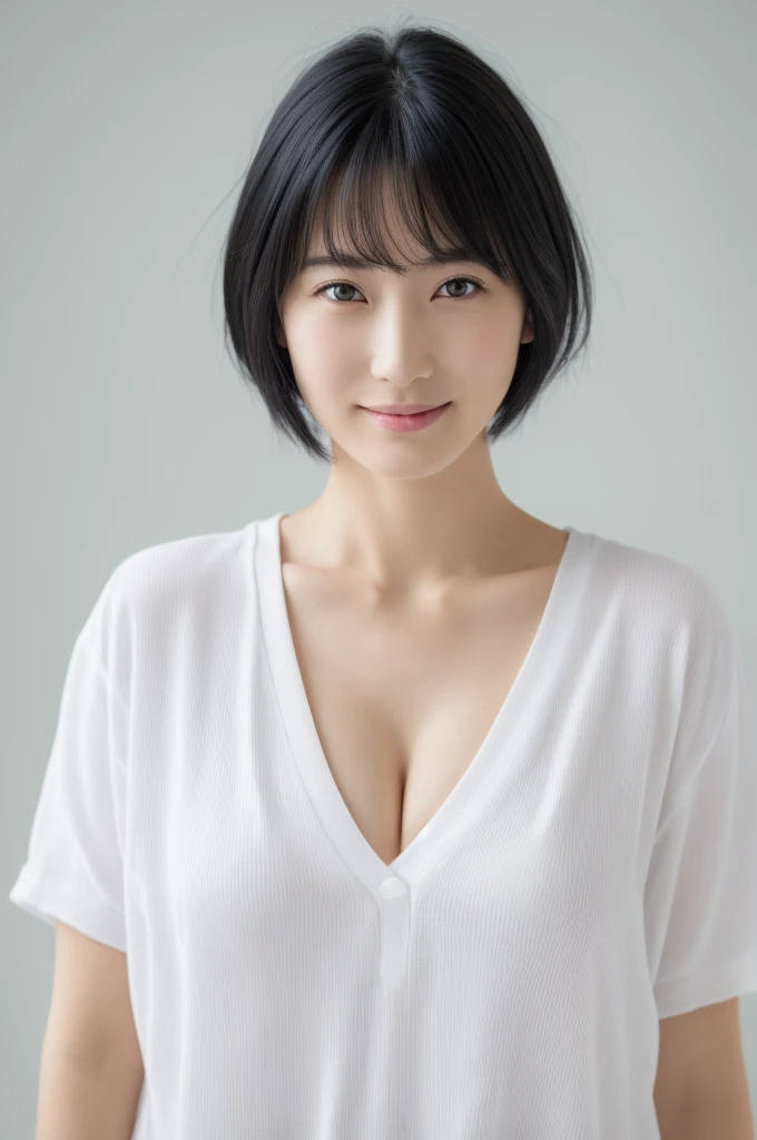 (masterpiece:1.3), (8k, Photorealistic, Raw photo, Best image quality: 1.4), Japanese, (One Girl), Beautiful Face, (A vivid face), (Black-haired, short hair:1.3), Beautiful hairstyle, Realistic eyes, Beautiful Eyes, (Realistic Skin), Beautiful Skin, attractive, 超A high resolution, 超Realistic, High definition, Golden Ratio, Detail Makeup, Seeing the viewer, Laughter, Open white shirt, Mid-breasted, standing, Put your hands on your hips, Look at the viewers(16k, RAW Photos, highest quality, High resolution, ), (I can see a little bit of nipple swelling through my clothes.)High definitionRAWカラー写真, Professional photos, (Layered silhouette: 1.2), Complex patterns, , (Realistic, photoRealistic: 1.3), ( Japanese Girls), , Big breasts Very firm breasts、Non-sagging breasts、Showing cleavage。Too much exposure、(NSFW)Shine, (Detailed face: 1.2), (masterpiece: 1.5),きめ細かいBeautiful Skin, (cute:1.2), (sexy) (highest quality :1.2),((A girl, 1 girl : 1.3), solo, solo focus))、(One head according to human anatomy、Two Arms、Two Legs、Five Fingers)
「No deformed or unnatural body parts,A completely normal human body type」「A depiction of a woman that is faithful to human anatomy」、(A representation of a healthy, balanced and vibrant woman)