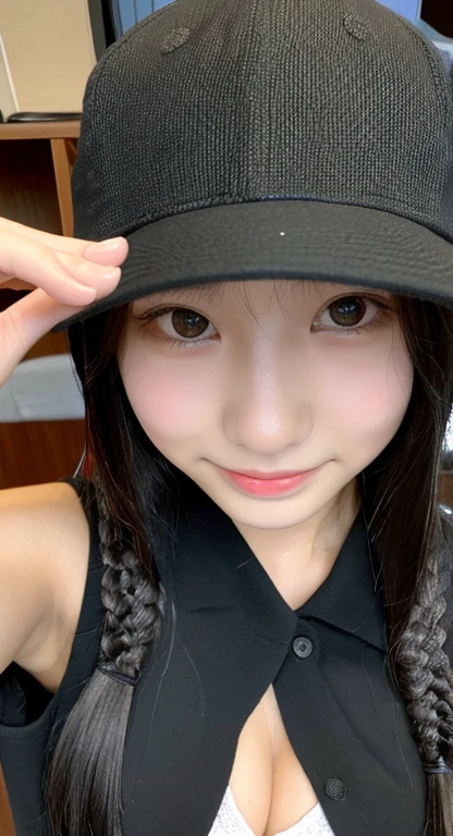 Your eyes are smiling、Black Mask、student風の服、Very obscene、((Selfie style in my room)),((student))、((Very young))、((very cute))、((So adorable))、((Please wear a black non-woven mask.)),highest quality, masterpiece, Ultra-high resolution, (Realistic:1.4), RAW Photos, Very detailed, Perfect Anatomy, 1 girl, 18-year-old, Famous Japanese idols, Front view, Crotch close-up,, ((Accentuate your breasts))
