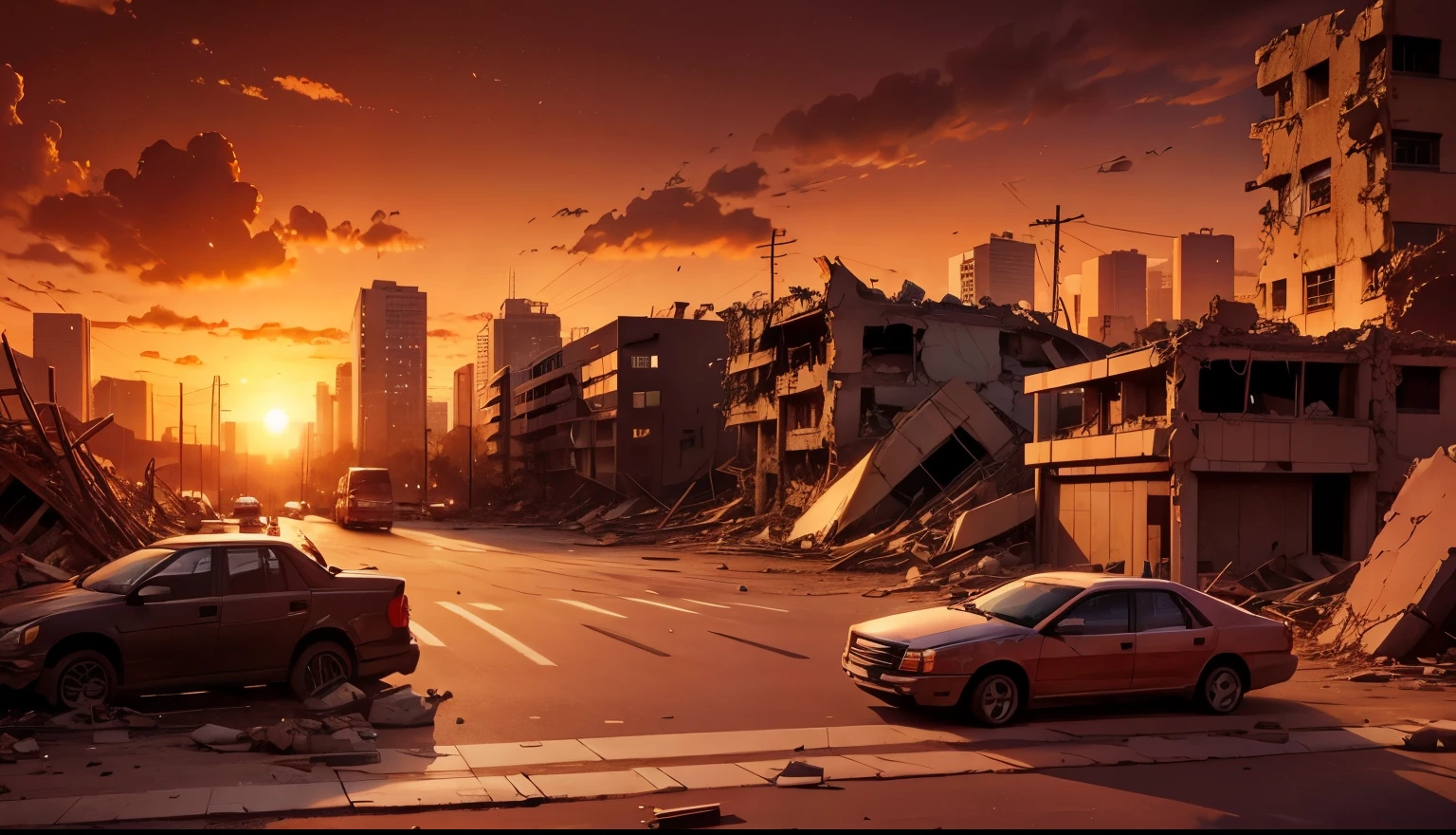 city, destroyed, rubble, sunset, anime, background