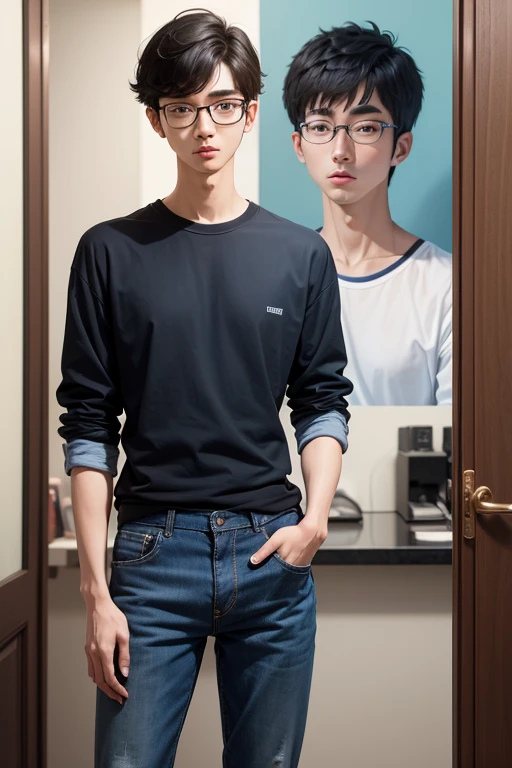 Masterpiece high quality high details realistic face ultra realistic face thin face nerd boy with tall height and thin figure wearing blue casual shirt with black jeans with korean hairstyle