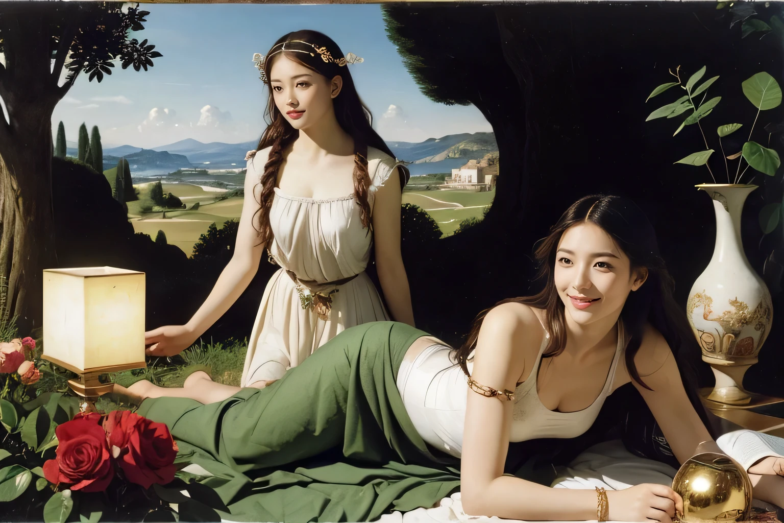 full body portrait or statue、Sandro Botticelli painting style,Arguments of two female Philosophe,math、astronomical machine、astronaut、roses in vase、fruits、Cute trinkets、smile、ancient greek costume、Ancient Roman landscape in the style of Nicolas Poussin,laughter,,Sweet and seductive appearance.、Caravaggio's paintings、Chiaroscuro of Caravaggio、hair tousled by the wind,Two women frolicking,cute smile, expression of ecstasy,Sexy,erotic