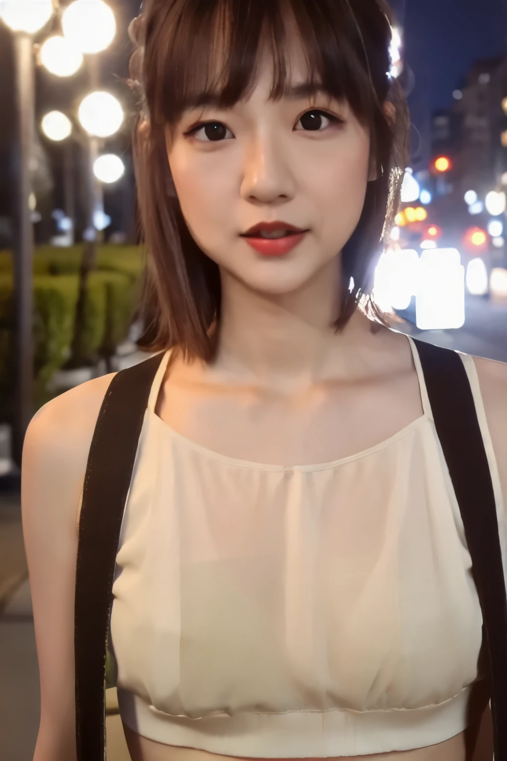 Skinny Japanese woman, 30 years old, ((Realistic lighting, Best quality, 8K, Masterpiece: 1.3)), Clear focus: 1.2, 1girl, Perfect beauty: 1.4, Slim abs: 1.1, ((Dark brown hair)), (White crop top: 1.4), (Outdoor, Night: 1.1), Park view, Super fine face, Fine eyes, Double eyelids,