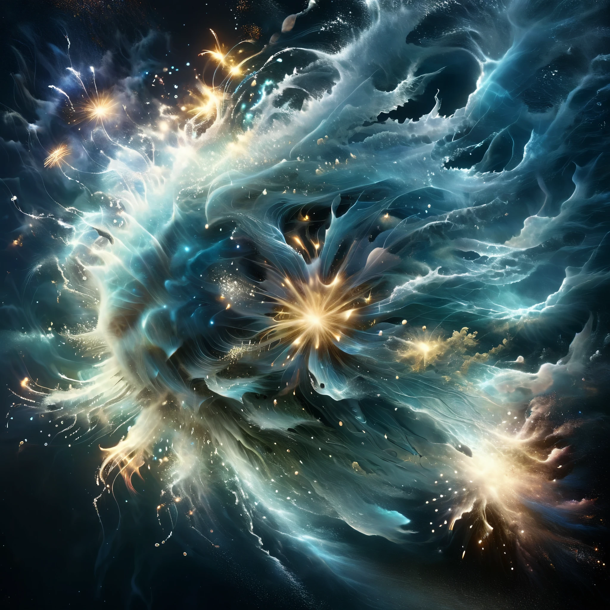 Blend fantasy and reality as 3D fireworks merge with ethereal fractal creatures, symbolizing the sea, their shimmering presence heralding an aquatic awakening, where the depths of imagination merge with the boundless expanse of the ocean.