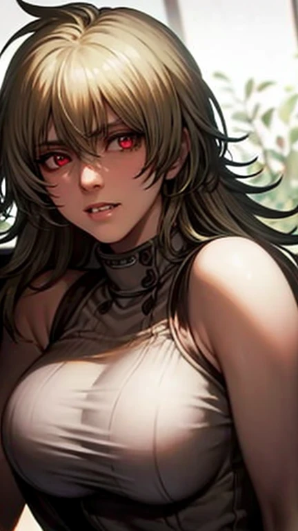 Seras Victoria,detailed face,vampire,handsome face,vampire fangs,red eyes,intense stare,smooth skin,pale complexion,flowing hair,perfectly arched eyebrows,sculpted cheekbones,masterpiece:1.2,ultra-detailed,photorealistic,vivid colors,dark and moody lighting"