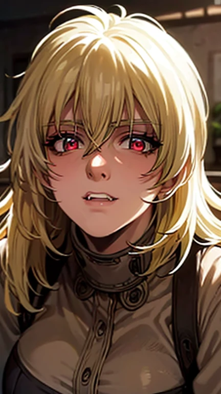Seras Victoria,detailed face,vampire,handsome face,vampire fangs,red eyes,intense stare,smooth skin,pale complexion,flowing hair,perfectly arched eyebrows,sculpted cheekbones,masterpiece:1.2,ultra-detailed,photorealistic,vivid colors,dark and moody lighting"