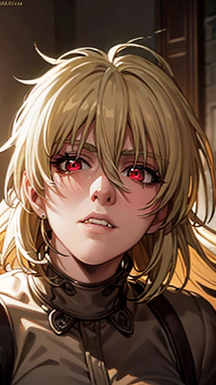 Seras Victoria,detailed face,vampire,handsome face,vampire fangs,red eyes,intense stare,smooth skin,pale complexion,flowing hair,perfectly arched eyebrows,sculpted cheekbones,masterpiece:1.2,ultra-detailed,photorealistic,vivid colors,dark and moody lighting"