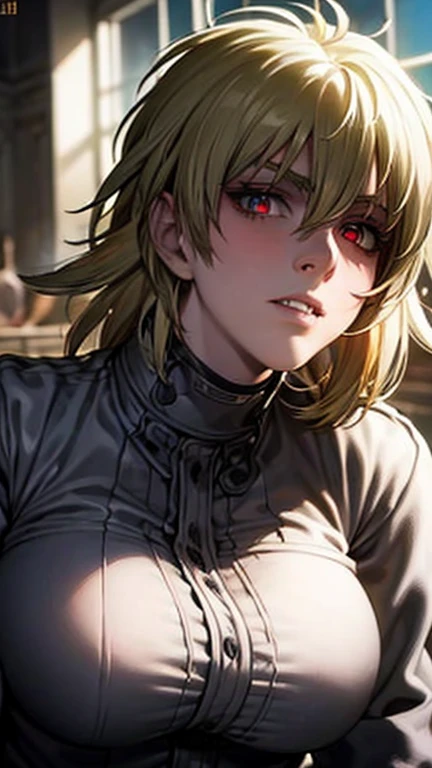 Seras Victoria,detailed face,vampire,handsome face,vampire fangs,red eyes,intense stare,smooth skin,pale complexion,flowing hair,perfectly arched eyebrows,sculpted cheekbones,masterpiece:1.2,ultra-detailed,photorealistic,vivid colors,dark and moody lighting"