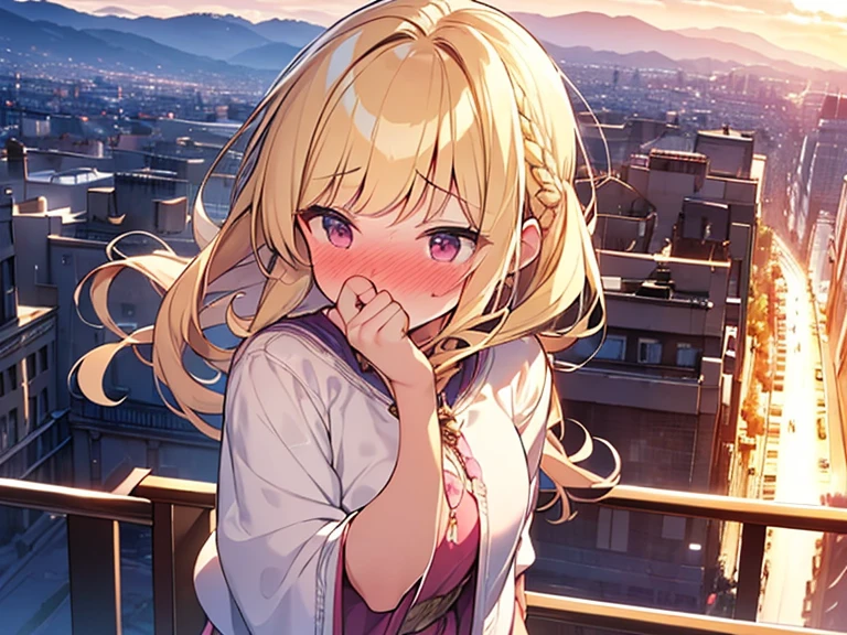 Masterpiece, Top quality, 1 beautiful girl, Blonde, medium Hair, Braided hair, wavy Hair, blunt bangs, silky hair, 17 year old, standard weight, (cool clothes:1.5), (nose blush :1.4), beautiful scene of town, from above, blurry background, magnificent panorama view, sunset