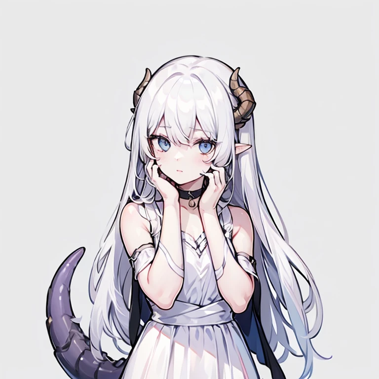 ((masterpiece)), ((bestquality)), 1 girl, solo, a -yeld gi white hair, blue eyes, detailed face, dragonian_head, dragonian_body, dragonian_hairstyle, dragonian_horns, dragonian_tail, one white tail, white long dress, black choker, silver crown, close range, ((hand on own cheek), nice hands, perfect hands, ((white background))
