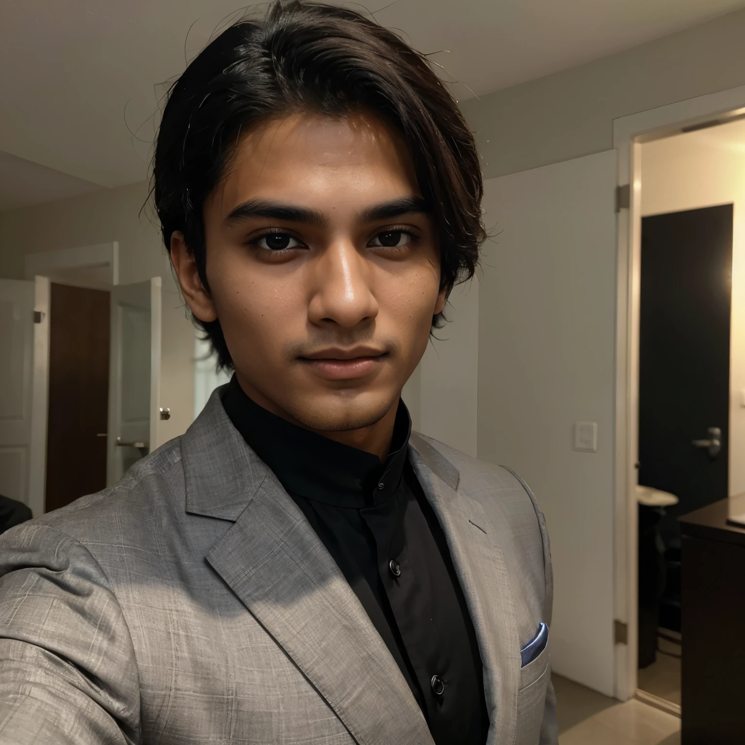 A 19-year-old-year-old handsome Indian man with fair skin, ultra-realistic radiant complexion, and captivating black eyes. He is dressed in a well-tailored suit, exuding confidence and sophistication. Front view, close-up selfie, taken with a high-end camera like Canon or Sony. Detailed, high-quality image, focusing on his sharp features and expressive eyes. #indianhandsomeman #ultrarealistic #fairskin #radiantcomplexion #blackeyes #confident #sophisticated #tailoredsuit #closeupselfie #highdefinition #canon #sony