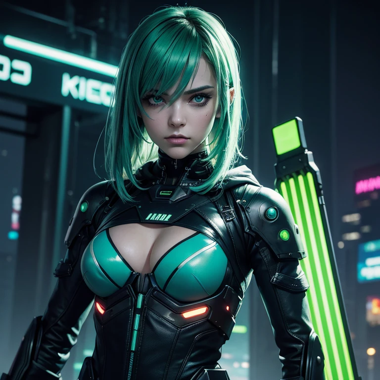 Best Quality, univers cyberpunk, femme humaine de 30 ans, cheveux mi long, neon light green color, yeux bleu ciel, plusieurs cicatrice sur le visage, menacing look, boite a instrument de musique dans le dos, mechanical arms 