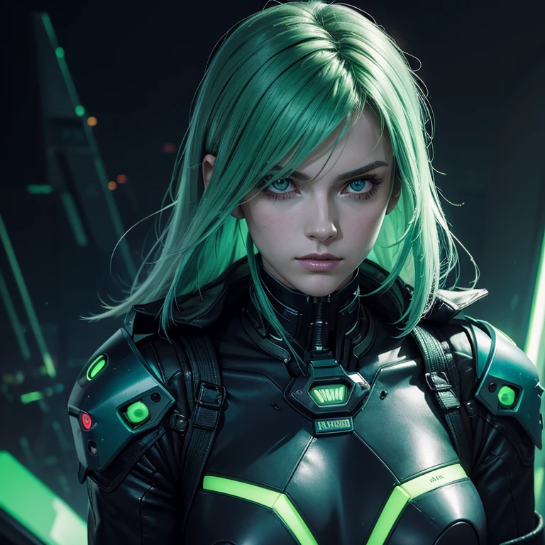 Best Quality, univers cyberpunk, femme humaine de 30 ans, cheveux mi long, neon light green color, yeux bleu ciel, plusieurs cicatrice sur le visage, menacing look, boite a instrument de musique dans le dos, mechanical arms 