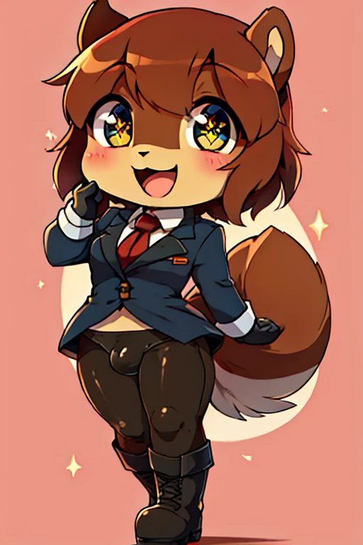 boy, squirrel, furry, bodyfur, blazer, bottomless, tights, gloves, boots, chibi, happy, sparkling eyes, bulge