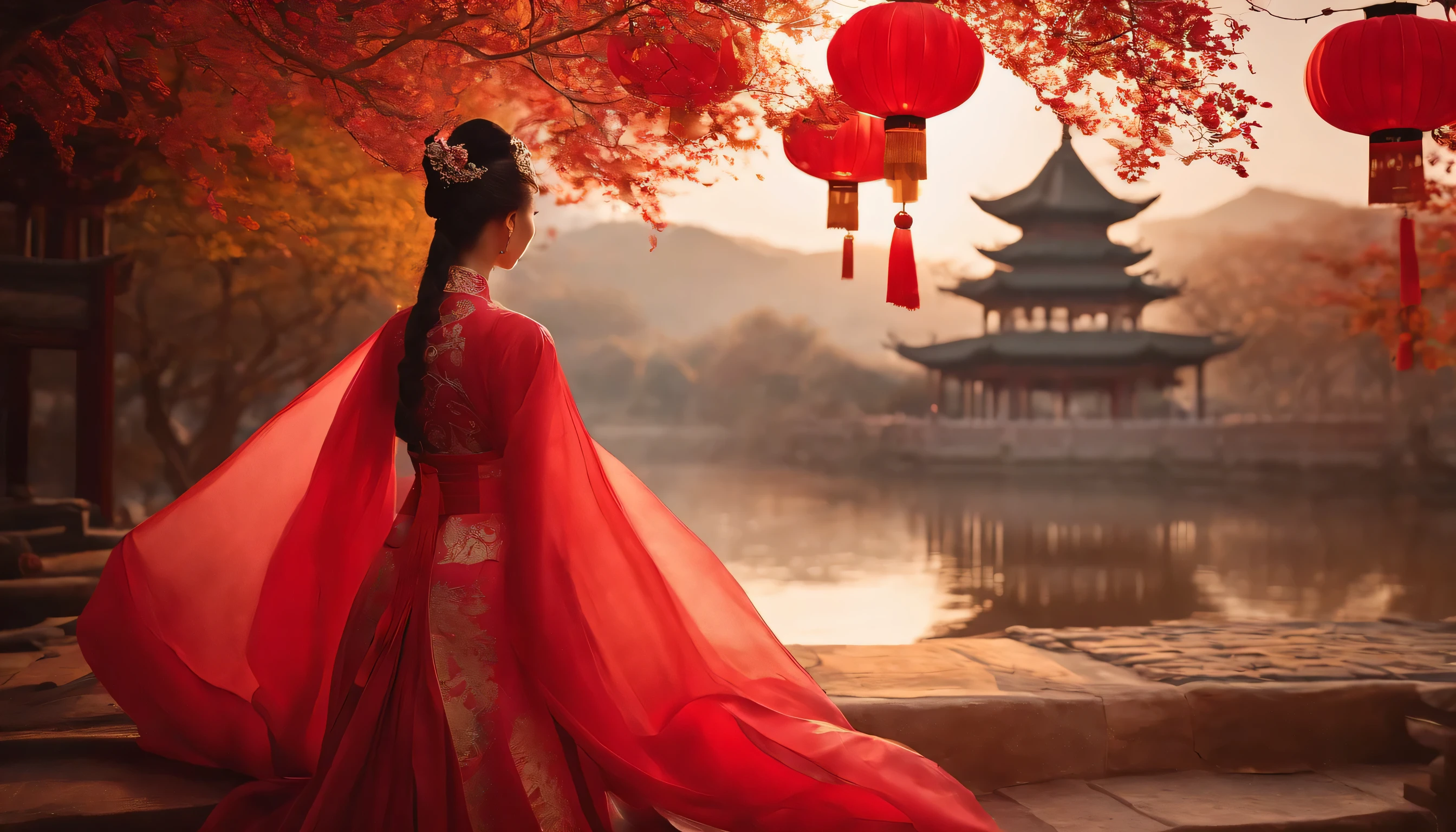 8K, masterpiece, Best quality, Women, Man, (Delicate shape), perfect face, Hanfu Dress, sexual, charming, chinese dress made of fine fabric, tower, Red Lantern tower,