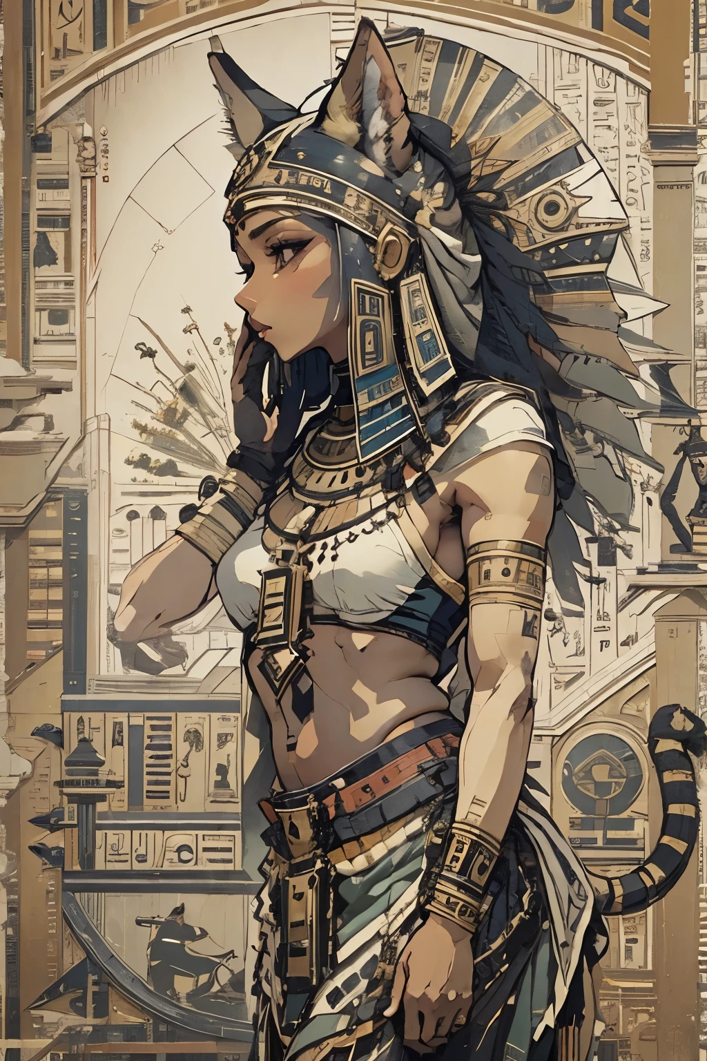 (masterpiece, best quality:1.2), 1 girl a standing girl，Solitary，mural，Egyptian style，Retro colors，Cool gray tones，Full size photo，Animal characteristics，Jackal，Tail，Dark art style。