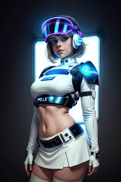 1girl, medium closeup, laurat, wearing a white scifi police outfit, skirt, light body armor, shoulder pads, visor, futuristic city, neon lights, 