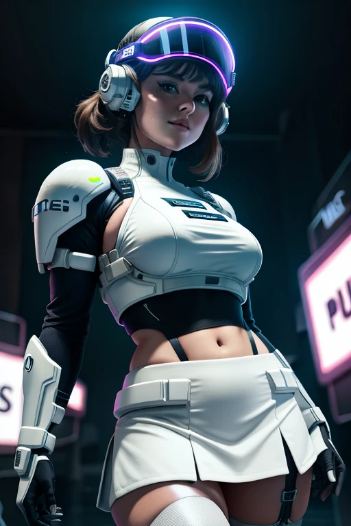1girl, medium closeup, laurat, wearing a white scifi police outfit, skirt, light body armor, shoulder pads, visor, futuristic city, neon lights,