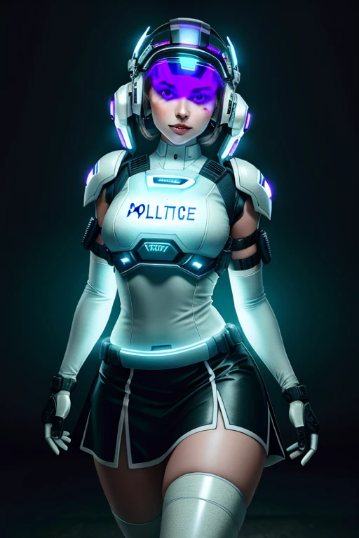 1girl, medium closeup, laurat, wearing a white scifi police outfit, skirt, light body armor, shoulder pads, visor, futuristic city, neon lights, 