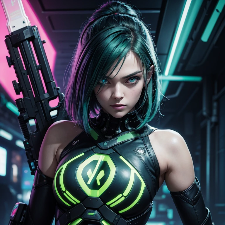 Best Quality, univers cyberpunk, femme humaine de 30 ans, cheveux mi long, neon light green color, yeux bleu ciel, plusieurs cicatrice sur le visage, menacing look, boite a instrument de musique dans le dos, mechanical arms, armed with a large two-handed sword