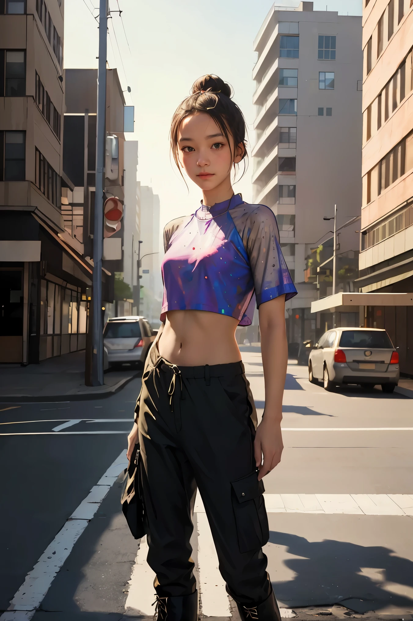 samdoesarts; award winning half body portrait of a beautiful woman in a croptop and cargo pants, military boots, standing on the street faint smile,  paint splashes, hair in a bun, splatter, outrun, vaporware,  digital art, trending on artstation, highly detailed, fine detail, intricate by Jeremy Mann, matth�us merian the elder, Pino Daeni, robert rauschenber, by beksinski