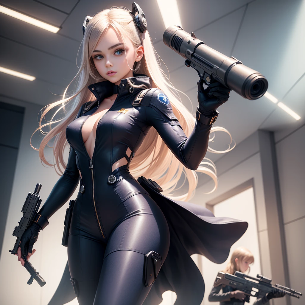 very beautiful young female twin in futuristic jumpsuit with a revolver in each hands in shooting position