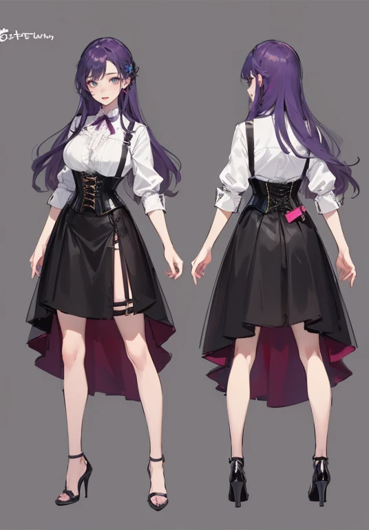 Purple hair,long hair,Adult female,((Body harness)),((Shirt with rolled up sleeves)),(Corset),(Tight skirt),(high heels),((Simple background)),Smile,((Full body)),((whole body)),Character Sheet,