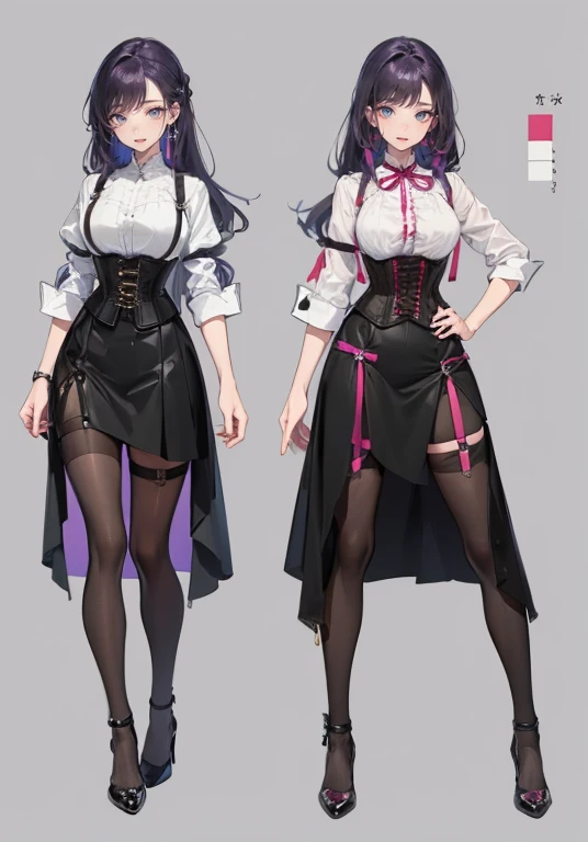Purple hair,long hair,Adult female,((Body harness)),((Shirt with rolled up sleeves)),(Corset),(Tight skirt),(high heels),((Simple background)),Smile,((Full body)),((whole body)),Character Sheet,