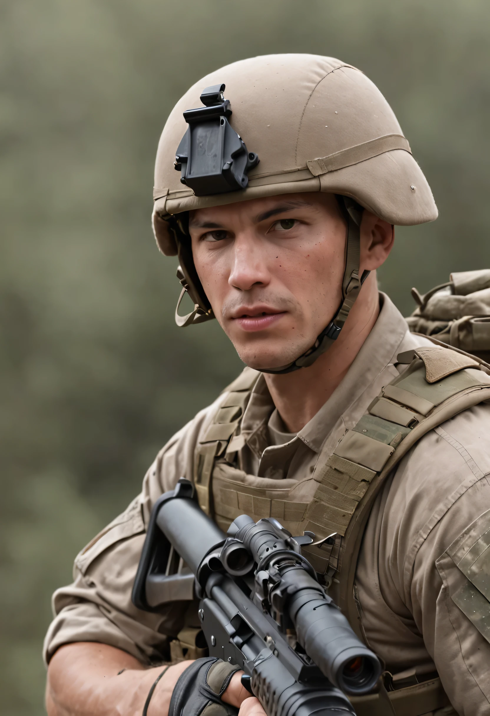 Create a request for an image: muscular soldier with prominent muscles and a rifle in his hand, in different scenes and poses. He is wearing a camouflaged military uniform., when training in a military environment and in war conditions. The soldier has a cruel expression on his face, but at the same time it conveys a feeling of suffering.. Besides, include scenes of military training, Situation, looks like war, and elements such as tanks, Armor equipment, and helicopters to depict the tension of the situation and the presence of military equipment. For more information, depict a soldier on top of a helicopter, showing off his impressive physique and the physical demands of his role. Please, give a vivid description of the surrounding area., including colors, textures, and any other relevant aspects, which will improve the image and demonstrate the muscular appearance of the soldier..