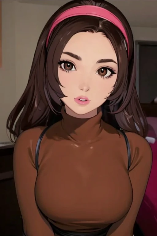 best quality, masterpiece,  mariosano, 1girl, choker, lips, brown eyes, brown hair, hairband, breasts, turtleneck, solo, standing, close-up, looking at viewer, facing viewer, indoors, bedroom