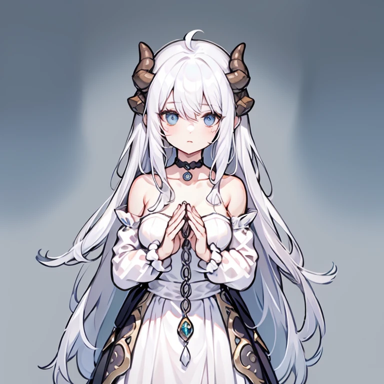 ((masterpiece)), ((bestquality)), 1 girl, solo, a 15-year-old girl, white hair, blue eyes, detailed face, dragonian_head, dragonian_body, dragonian_hairstyle, dragonian_horns, dragonian_tail, one white tail, white long dress, black choker, silver crown, close range, ((tucking hair)), nice hands, perfect hands, ((white background))